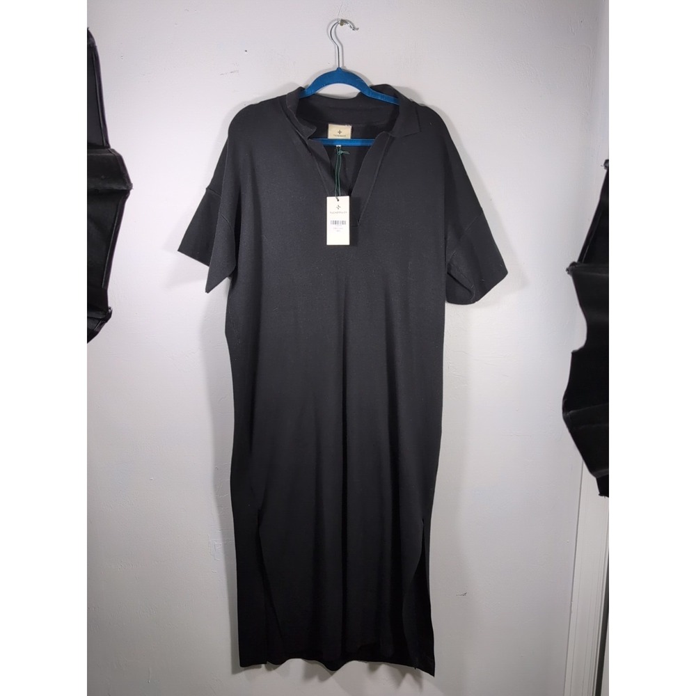 NWT Tuckernuck Black Midi Channing Polo Shirt Dress Side Slits Knit Size Large